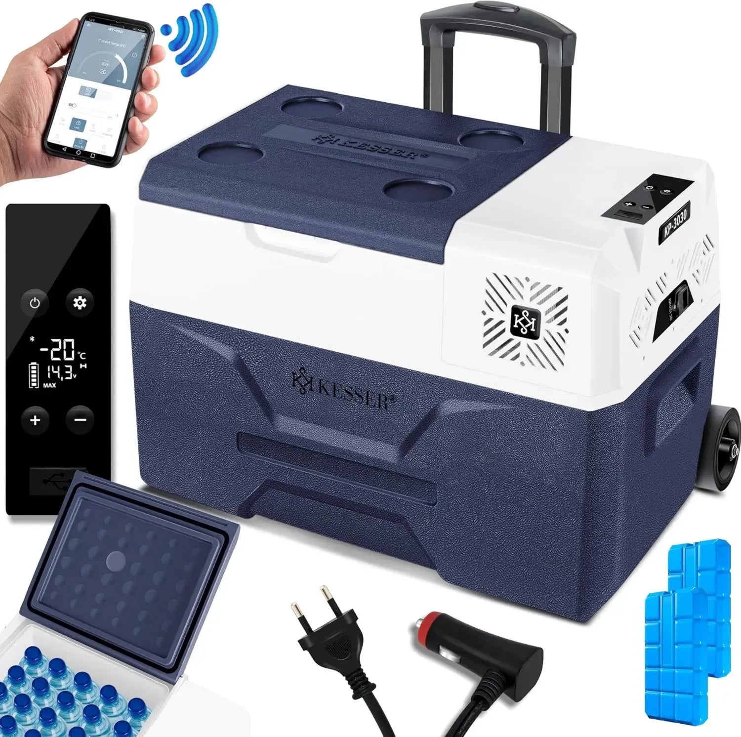 KESSER® Elektrische Kühlbox mit APP-Steuerung, 30L, 12/24V 230V, Teleskopgriff, Räder, Kühlung bis -20°C